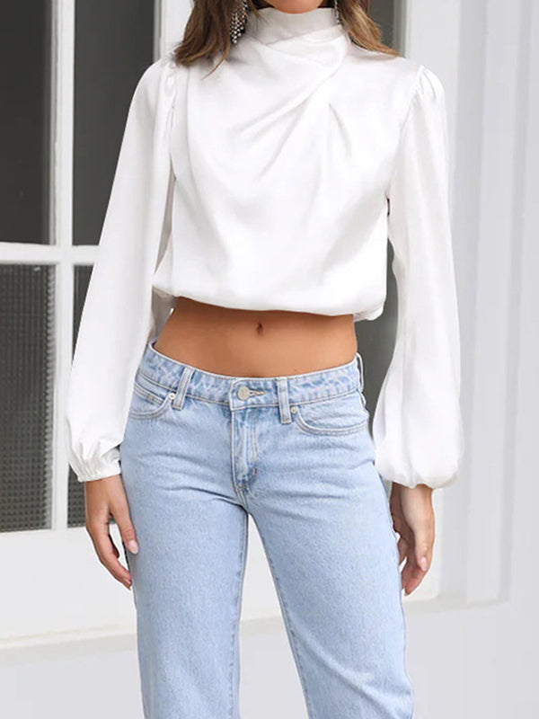 Elasticity Pleated Solid Color Long Sleeves Loose Mock Neck T-Shirts Tops