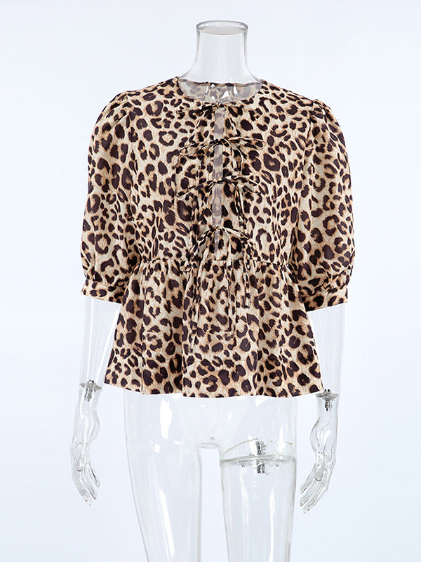 Elasticity Leopard Pleated Split-Joint Tied Half Sleeves Loose Round-Neck Blouses&Shirts Tops