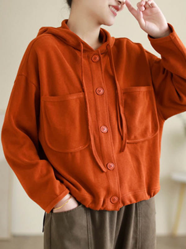 Buttoned Drawstring Pockets Solid Color Hooded Long Sleeves Outerwear