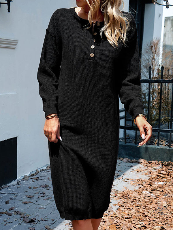 Buttoned Long Sleeves Loose Round-Neck Sweater Dresses Midi Dresses