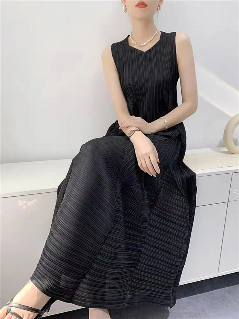 Pleated Solid Color Split-Joint Zipper Loose Sleeveless V-neck Midi Dresses