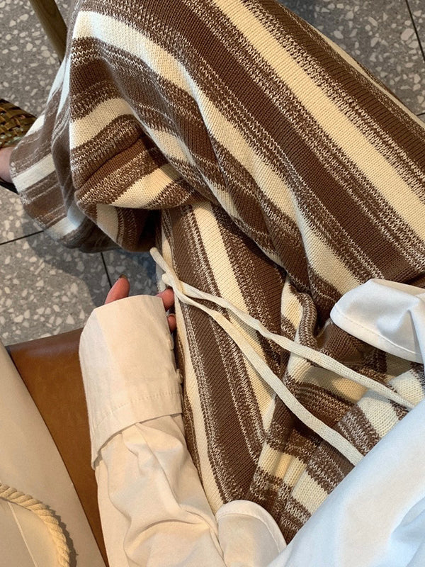 Casual Wide Leg Loose Drawstring Striped Pants