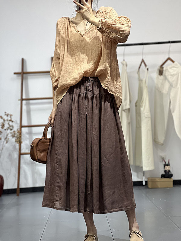 Pleated Solid Color Long Sleeves Loose V-neck Blouses&shirts Tops