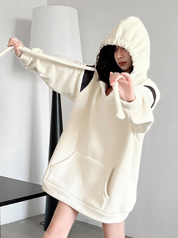 Contrast Color Drawstring Pockets Velvet Long Sleeves Loose Hoodies Tops