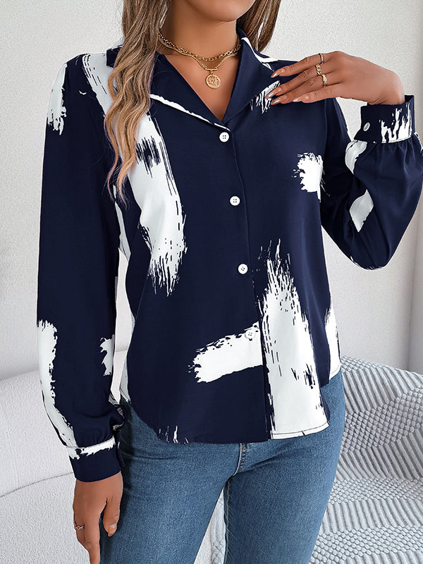 Buttoned Printed Long Sleeves Loose Notched Collar Blouses&Shirts Tops