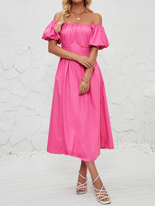 Elasticity Pleated Solid Color Split-Joint Loose Puff Sleeves Off-The-Shoulder Midi Dresses
