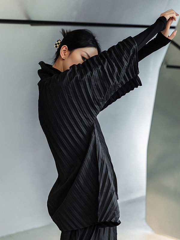 Urban Solid Color Pleated Outerwear&Pants Two Pieces Set