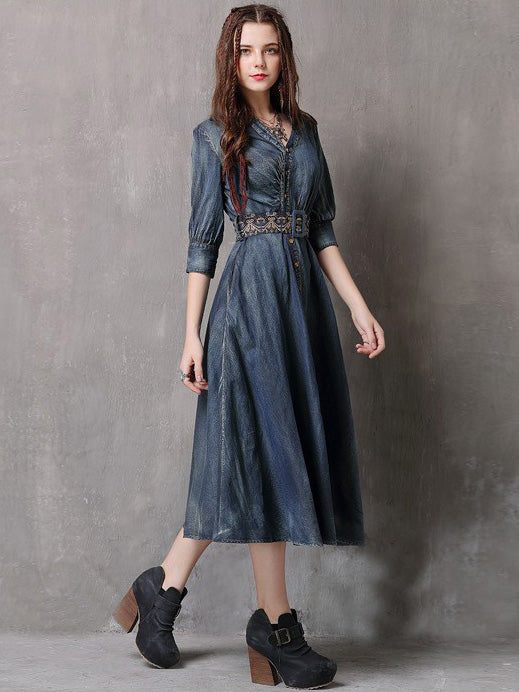 Vintage Embroidered Cropped Denim Dress