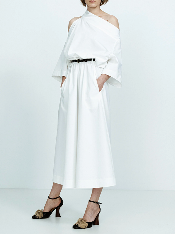 No Belt Solid Color Long Sleeves Loose Off-the-shoulder Midi Dresses