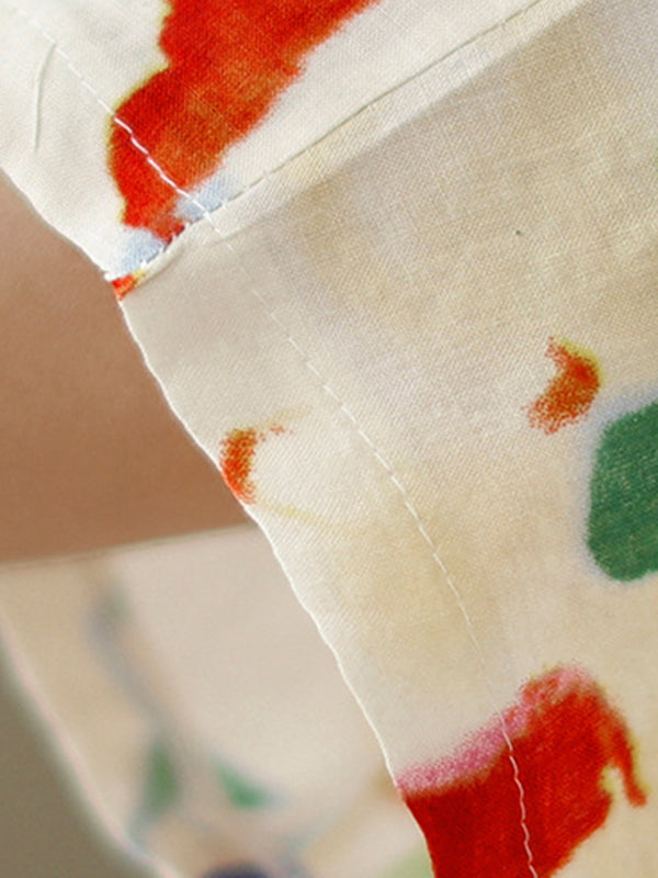 Printed Oversize Puff Sleeves Round-Neck Midi Dresses