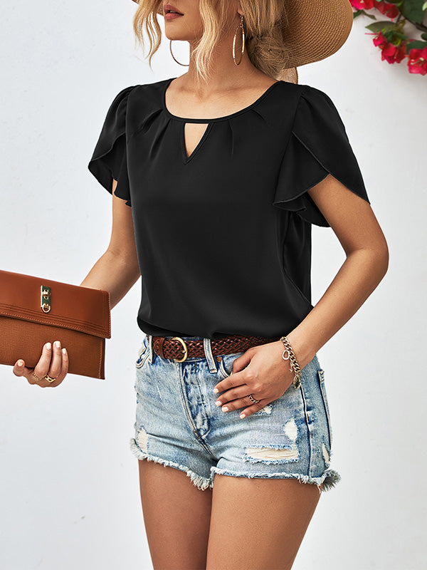 Hollow Solid Color Loose Short Sleeves Round-Neck T-Shirts Tops