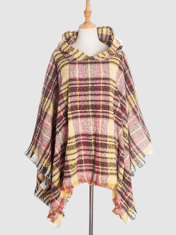 Fringed Hooded Keep Warm Plaid Shawl&Cloak Cape