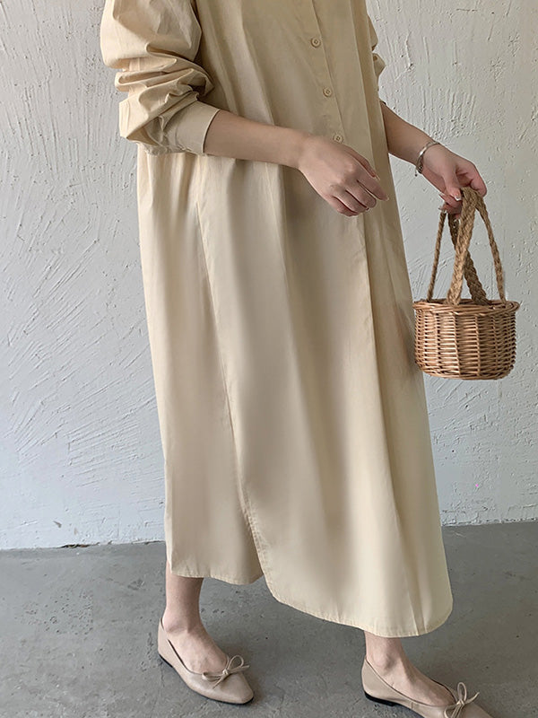 Urban Loose Solid Color Lapel Collar Shirt Midi Dresses
