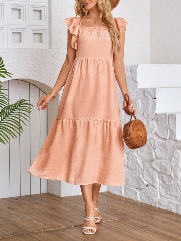 Elasticity Pleated Ruffled Solid Color Split-Joint A-Line Loose Off-The-Shoulder Midi Dresses