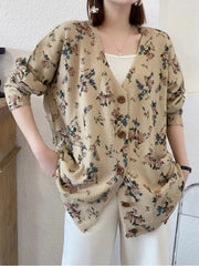 Buttoned Knitted Flower Pockets Long Sleeves Loose V-Neck Cardigan Tops