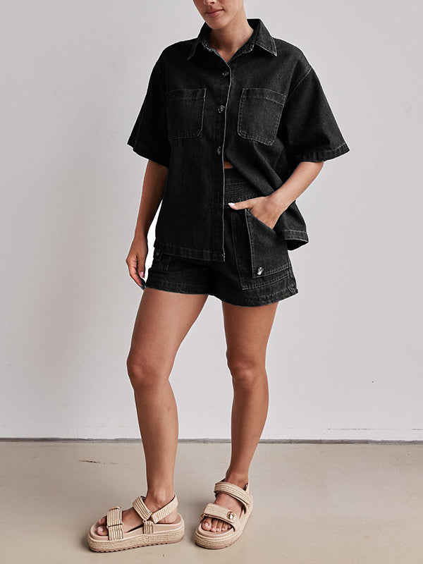 Split-Joint Loose Short Sleeves Lapel Blouses&shirts Tops