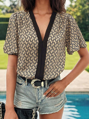 Printed Split-Joint Flared Sleeves High Waisted V-Neck Bodysuits