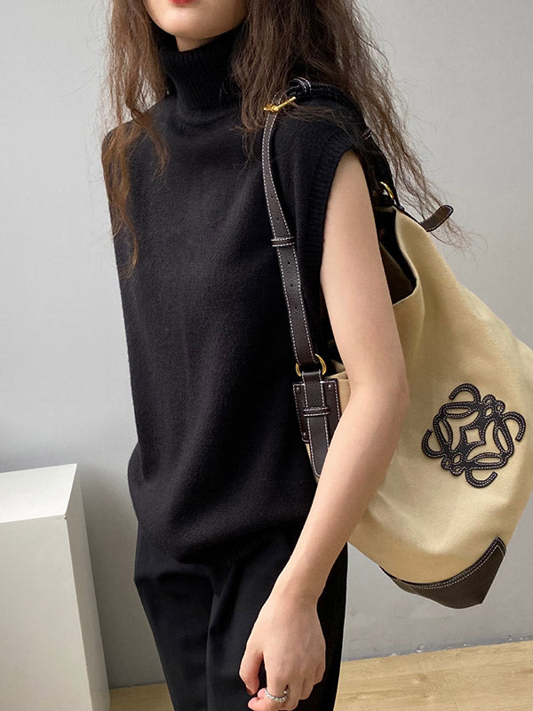 Simple Loose Solid Color High-Neck Knitting Vest Top