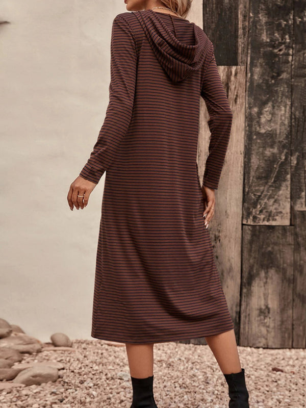 Drawstring Striped Zipper Long Sleeves Loose Hooded Midi Dresses