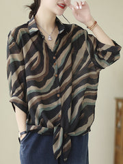 Buttoned Tied Zebra-Stripe Long Sleeves Loose Lapel Blouses&Shirts Tops