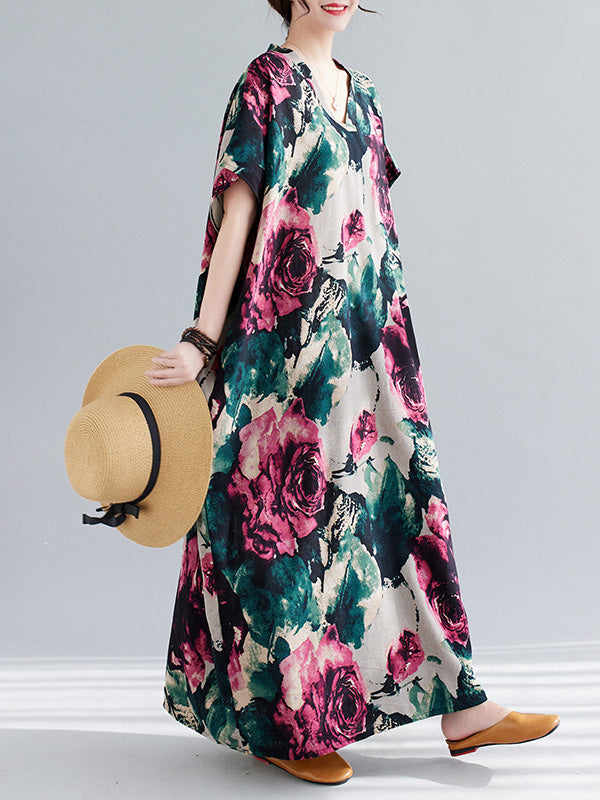 Artistic Retro Short Sleeves Loose Floral Printed Contrast Color V-Neck Maxi Dresses