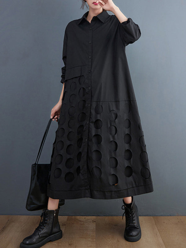 Asymmetric Hollow Polka-Dot Solid Color A-Line Long Sleeves Lapel Midi Dresses