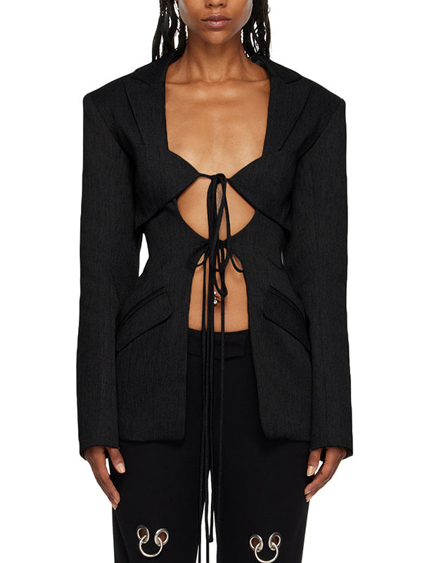 Pockets Solid Color Tied Long Sleeves Loose Notched Collar Outerwear Blazer