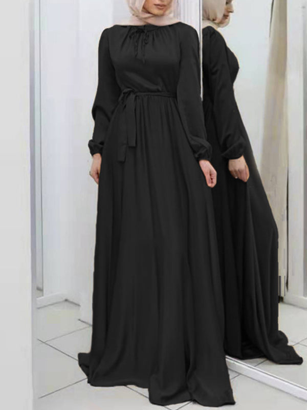 Pleated Solid Color Tied Waist Long Sleeves Loose Maxi Dresses