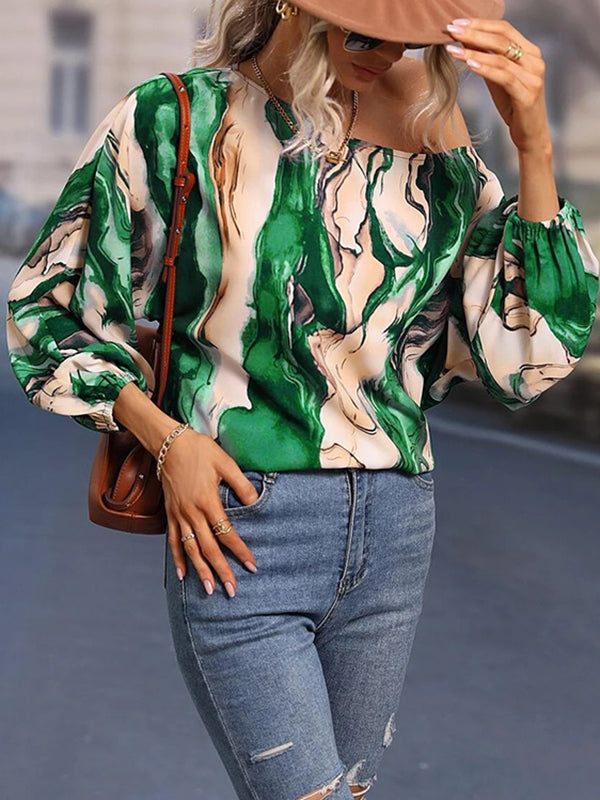 Asymmetric Printed Long Sleeves Loose One-Shoulder Blouses&Shirts Tops