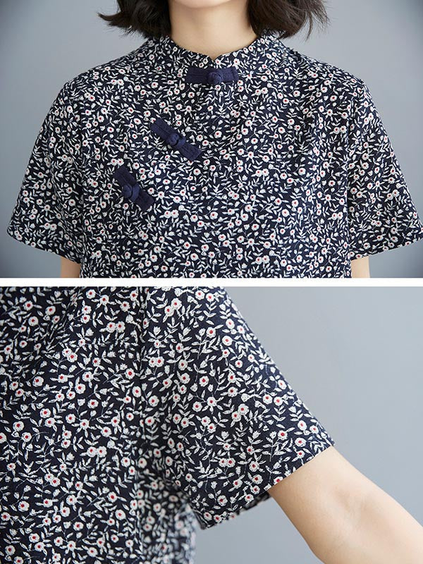 Artistic Retro Floral Printed Stand Collar Short Sleeves Cheongsam Midi Dress