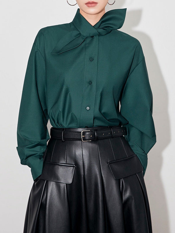 Buttoned Solid Color Long Sleeves Loose Mock Neck Blouses&shirts Tops
