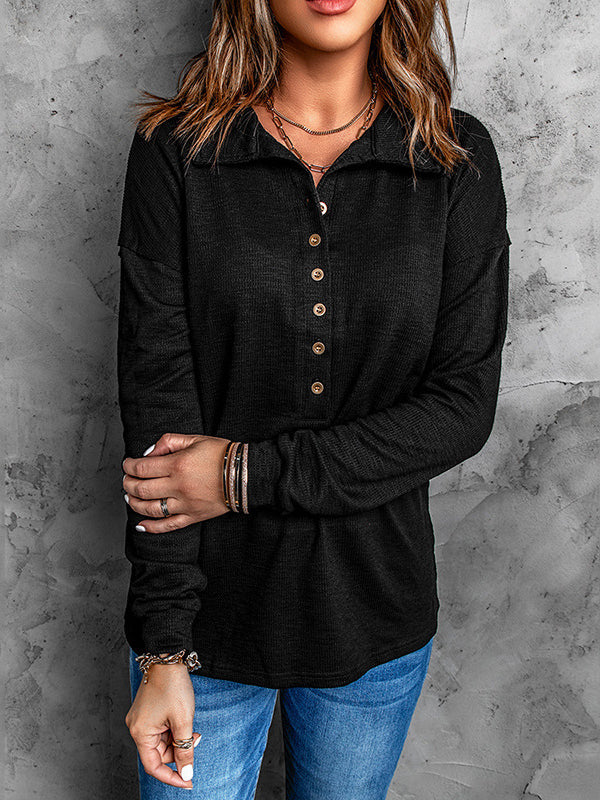 Buttoned Solid Color Split-Joint Long Sleeves Loose Lapel T-Shirts Tops