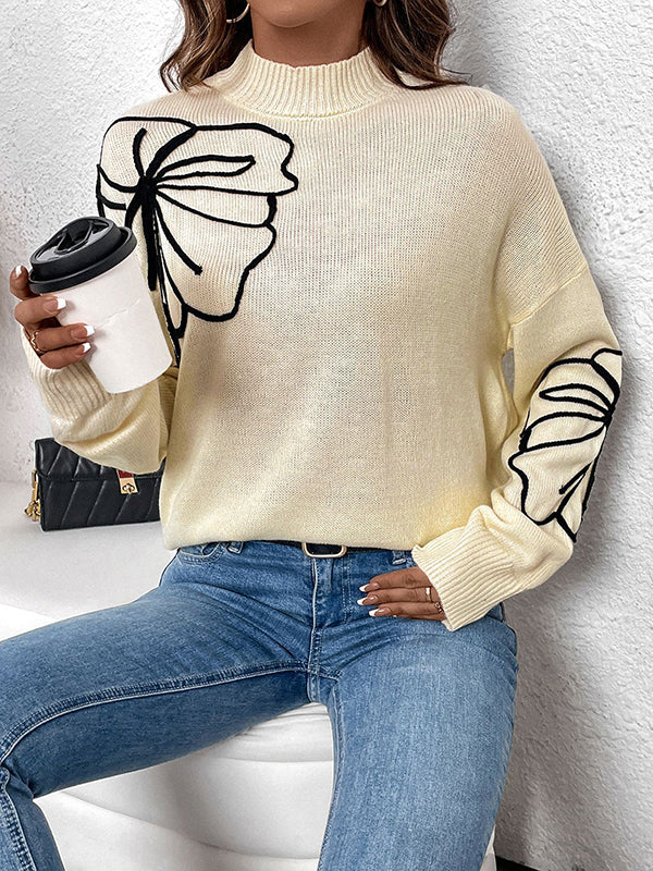 Flower Shape Split-Joint Long Sleeves Loose High Neck Sweater Tops