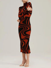 Contrast Color Printed Split-Back Split-Joint Zipper Long Sleeves Skinny High Neck Midi Dresses