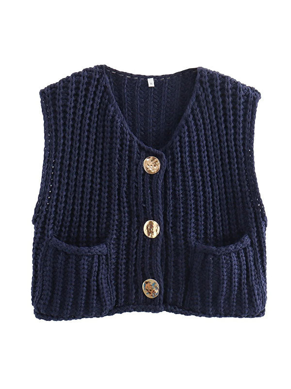 Buttoned Pockets Loose Sleeveless V-Neck Vest Outerwear