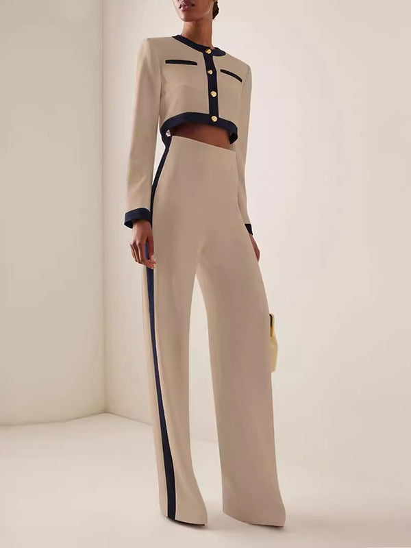 Buttoned Split-Joint Long Sleeves Round-Neck Blouses&Shirts Tops + High Waisted Pants Bottom Two Pieces Set