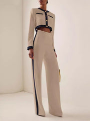 Buttoned Split-Joint Long Sleeves Round-Neck Blouses&Shirts Tops + High Waisted Pants Bottom Two Pieces Set