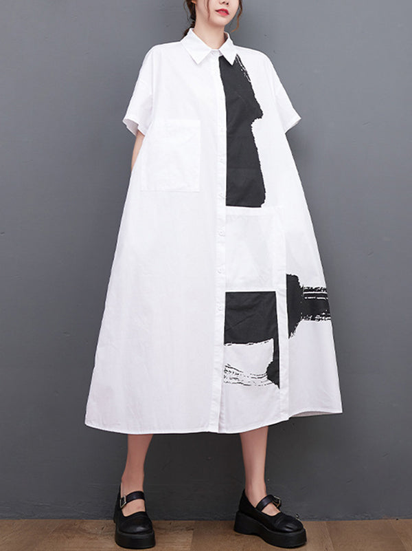 Original Loose Short Sleeves Buttoned Contrast Color Printed Midi Dresses