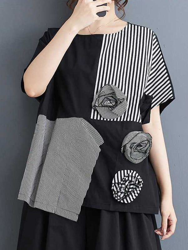 Asymmetric Split-Front Split-Joint Striped Three-Dimensional Flower Loose Short Sleeves Round-Neck T-Shirts Tops
