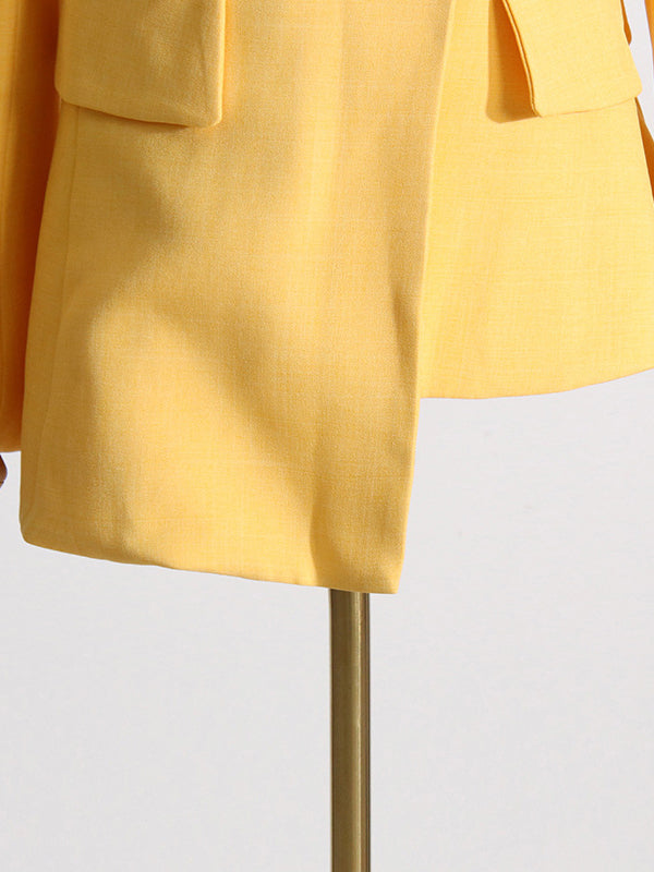 Asymmetric Buttoned Hollow Solid Color Tied Long Sleeves Loose Asymmetric Collar Blazer