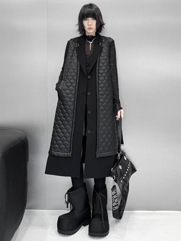 Buttoned Plaid Pockets Solid Color Split-Joint Loose Sleeveless Notched Collar Padded Vest Outerwear