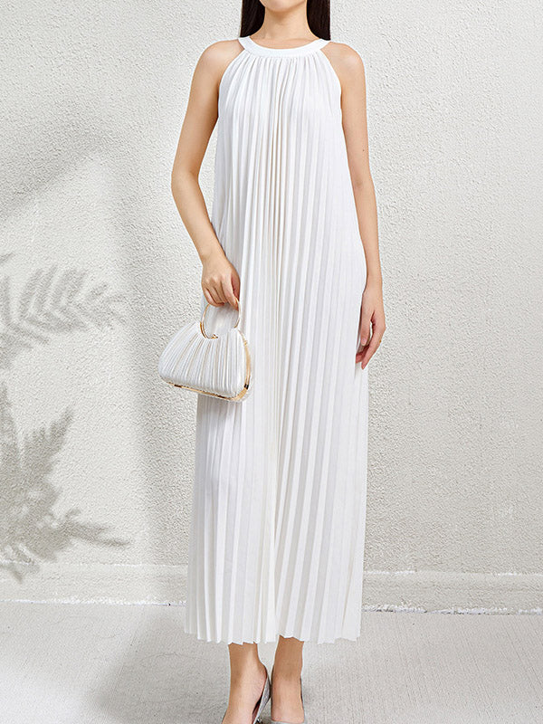 Hollow Pleated Pockets Solid Color Loose Sleeveless Halter-Neck Maxi Dresses