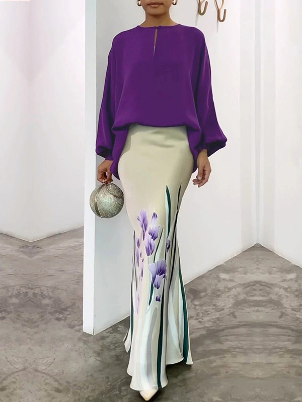 Hollow Solid Color Long Sleeves Loose Round-Neck Blouses&Shirts Tops
