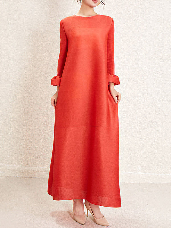 Pleated Solid Color A-Line Loose Round-Neck Maxi Dresses