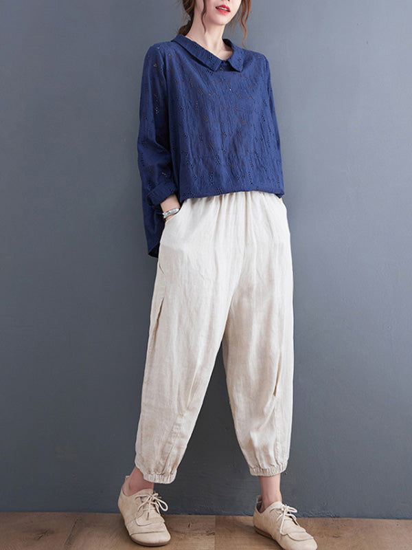 Loose 3 Colors Embroidered Hollow Lapel Collar Long Sleeves T-Shirt