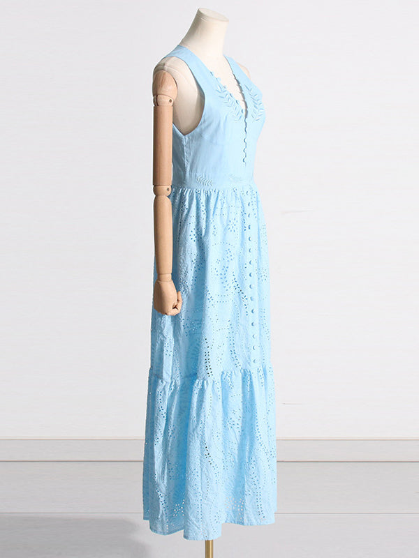 Buttoned Crochet Embroidered Hollow Solid Color Zipper High Waisted Sleeveless Deep V-Neck Maxi Dresses