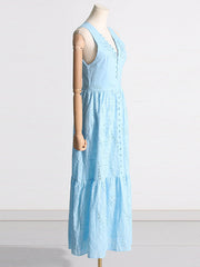 Buttoned Crochet Embroidered Hollow Solid Color Zipper High Waisted Sleeveless Deep V-Neck Maxi Dresses