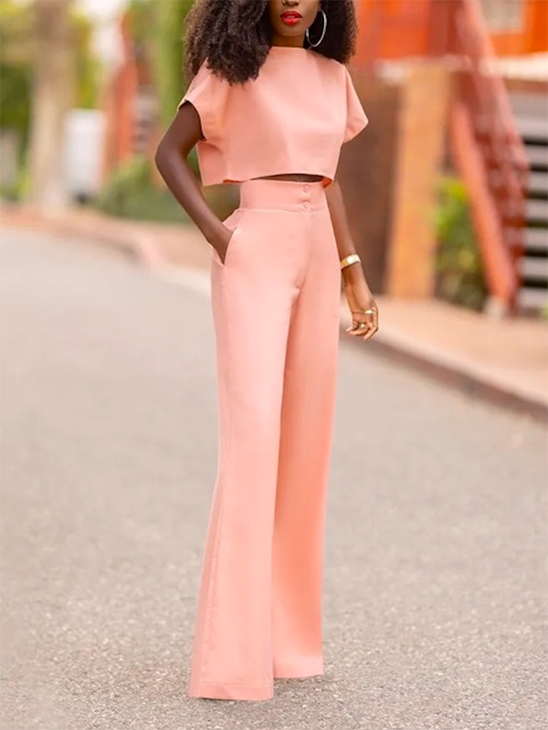 Loose Short Sleeves Solid Color Boat Neck T-Shirt Tops&Pants Two Pieces Set