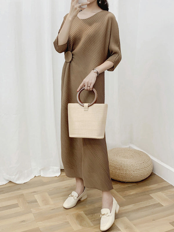 Pleated Solid Color Half Sleeves Irregular Clipping Round-Neck Midi Dresses