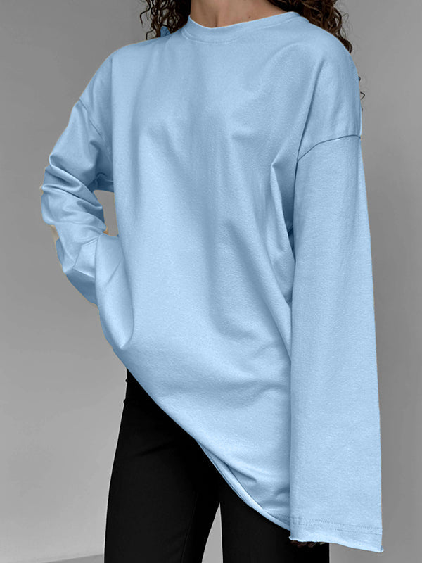 Solid Color Long Sleeves Loose Round-Neck T-Shirts Tops